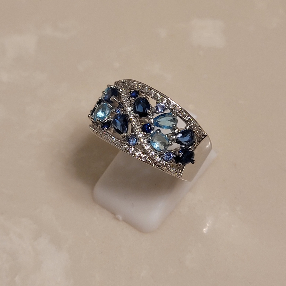 925 Silver CZ Aquamarine and Sapphire Cluster Ring Size 7.5 - Picture 3 of 7